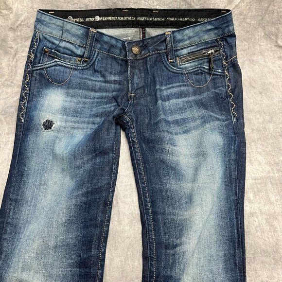 Express ReRock Jean Women 6 Blue Distressed Stitch Pocket Cotton Flap Stretch - Picture 4 of 16